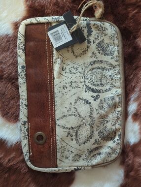 Canvas Floral Zip Pouch with Brown Faux-Leather Trim